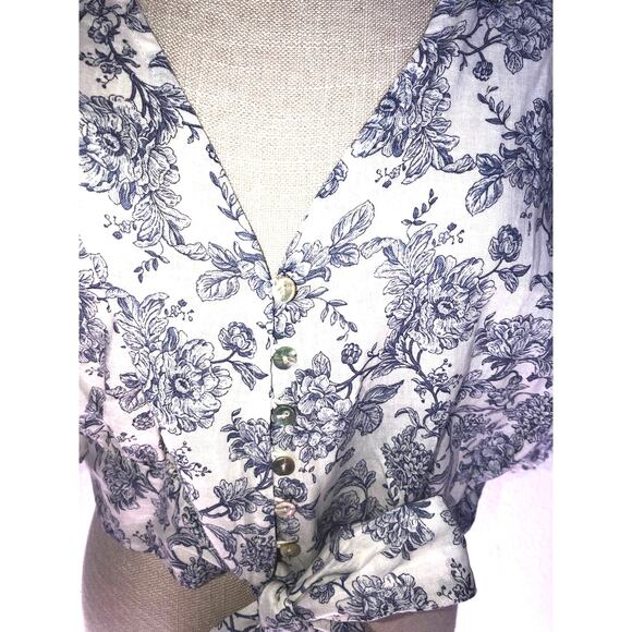 Cynthia Rowley Cottage Core Blue Floral Vintage Style Cropped Line Blouse - M - Picture 3 of 5
